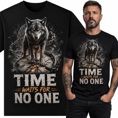 Koszulka męska z wilkiem i pękniętym zegarem „Time Waits for No One” - mroczny wzór