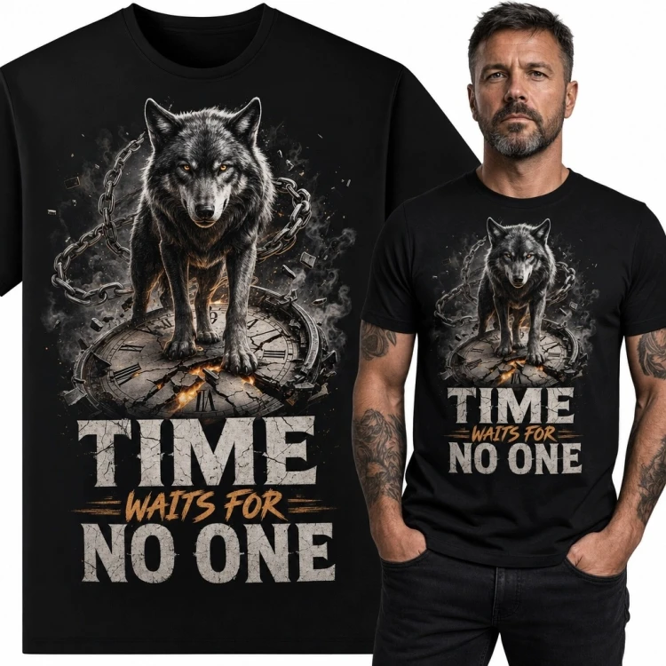 Koszulka męska z wilkiem i pękniętym zegarem „Time Waits for No One” - mroczny wzór