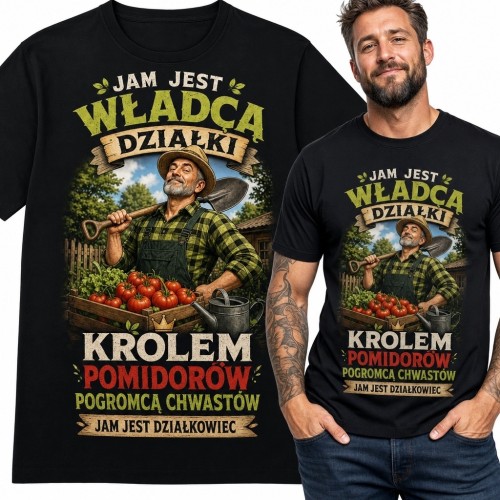 Koszulka męska dla działkowca „Jam jest władcą działki” - król pomidorów