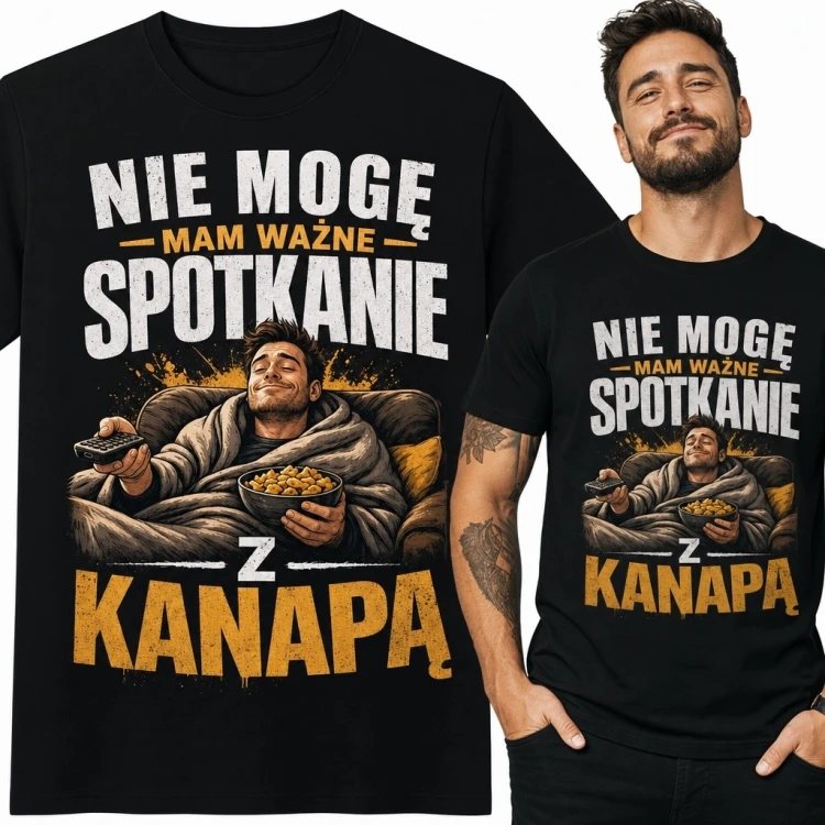 Koszulka męska dla domatora „Nie mogę, mam ważne spotkanie z kanapą” - humorystyczny nadruk