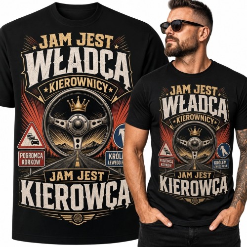 Koszulka męska dla kierowcy „Jam jest władcą kierownicy” - motyw retro