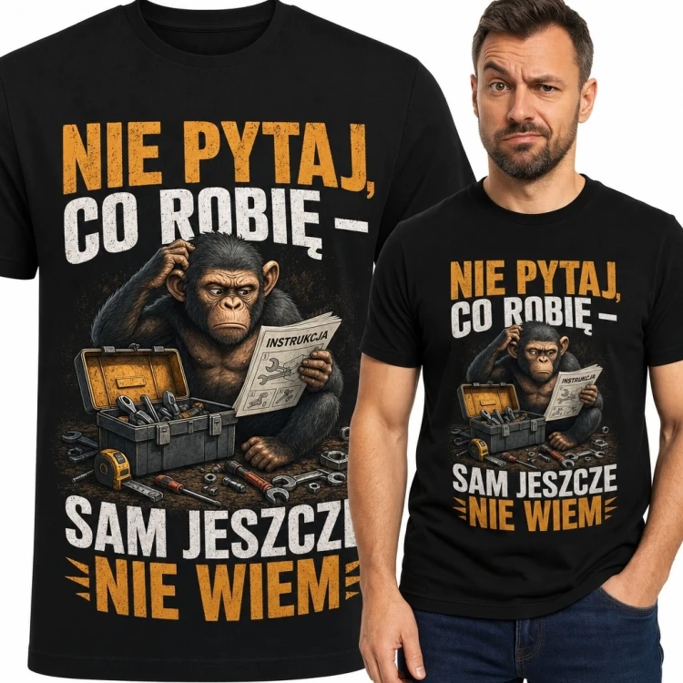 Koszulka męska z szympansem majsterkowiczem „Nie pytaj, co robię - sam jeszcze nie wiem”
