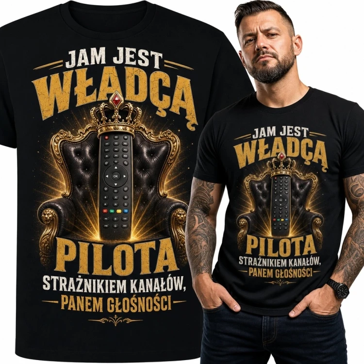 Koszulka męska z pilotem telewizyjnym na tronie „Jam jest władcą pilota”