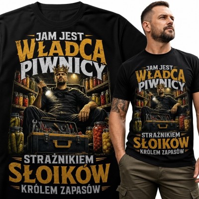 Koszulka męska „Jam jest władcą piwnicy” - humorystyczny motyw słoików i zapasów