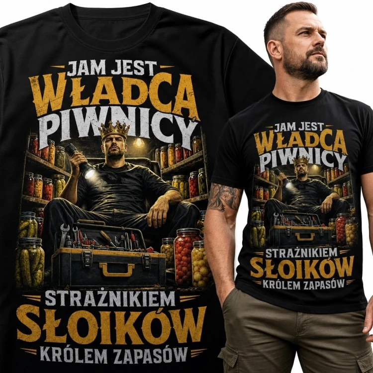Koszulka męska „Jam jest władcą piwnicy” - humorystyczny motyw słoików i zapasów