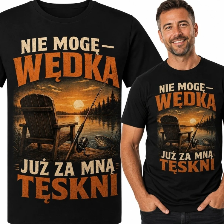 Koszulka męska dla wędkarza „Nie mogę wędka już za mną tęskni” - retro scena nad jeziorem