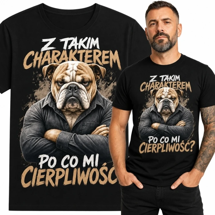 Koszulka męska z buldogiem „Z takim charakterem po co mi cierpliwość?”