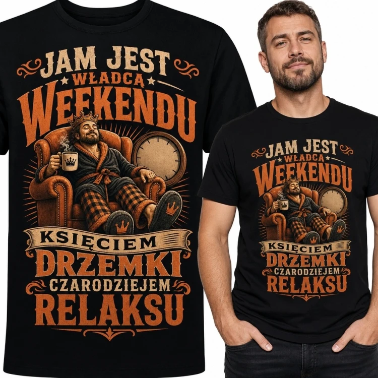 Koszulka męska „Jam jest władcą weekendu” - relaks w fotelu w stylu retro