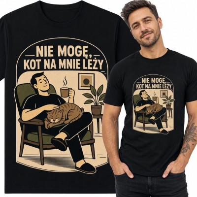 Koszulka męska z kotem „Nie mogę, kot na mnie leży” - humorystyczny wzór retro