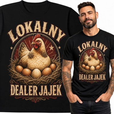 Koszulka męska z kurą „Lokalny dealer jajek” - humorystyczny wzór retro