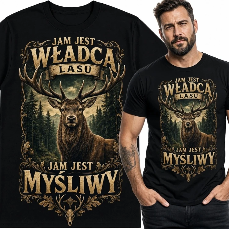 Koszulka męska myśliwska z jeleniem „Jam jest władcą lasu, jam jest myśliwy”
