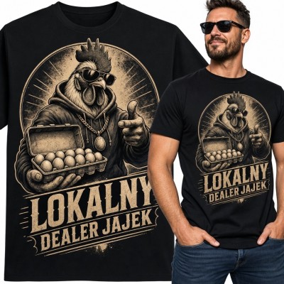 Koszulka męska z kogutem „Lokalny dealer jajek” - humorystyczny wzór retro