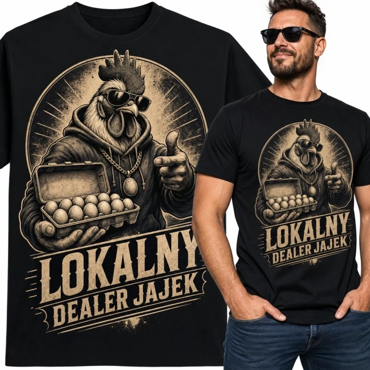 Koszulka męska z kogutem „Lokalny dealer jajek” - humorystyczny wzór retro