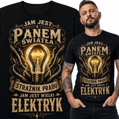 Koszulka męska dla elektryka z żarówką „Jam jest panem świata” - wzór retro