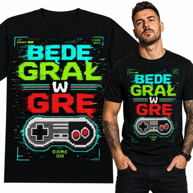 Koszulka męska dla gracza „Bede gral w gre” - retro kontroler