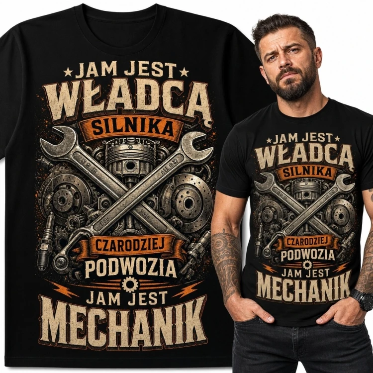 Koszulka męska dla mechanika z silnikiem i kluczami „Jam jest władcą silnika, czarodziejem podwozia, jam jest mechanik”