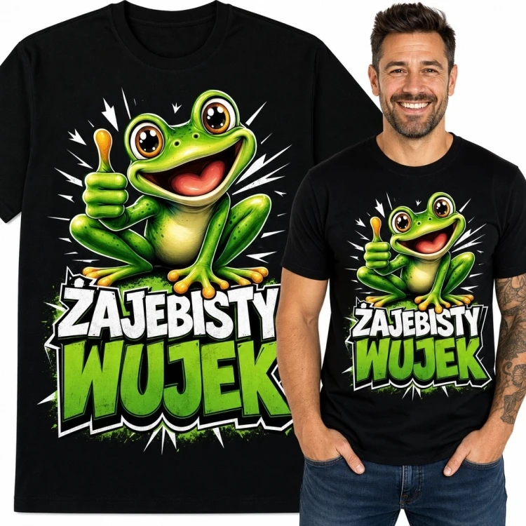 Koszulka męska z komiksową żabą „Żajebisty wujek” - humorystyczny wzór