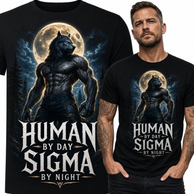 Koszulka męska z wilkołakiem „Human Sigma” - wilk pod pełnią księżyca