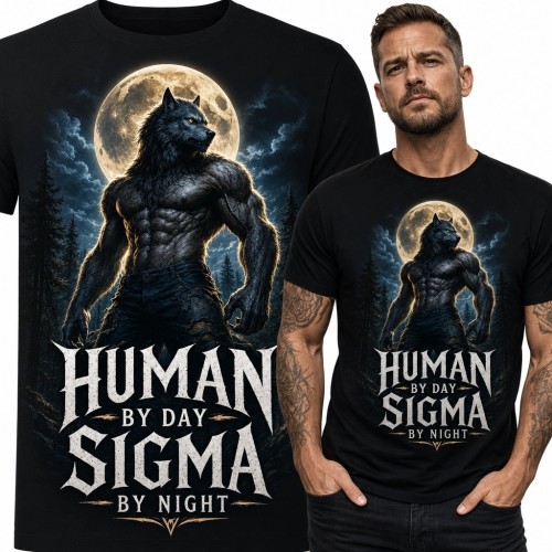Koszulka męska z wilkołakiem „Human Sigma” - wilk pod pełnią księżyca