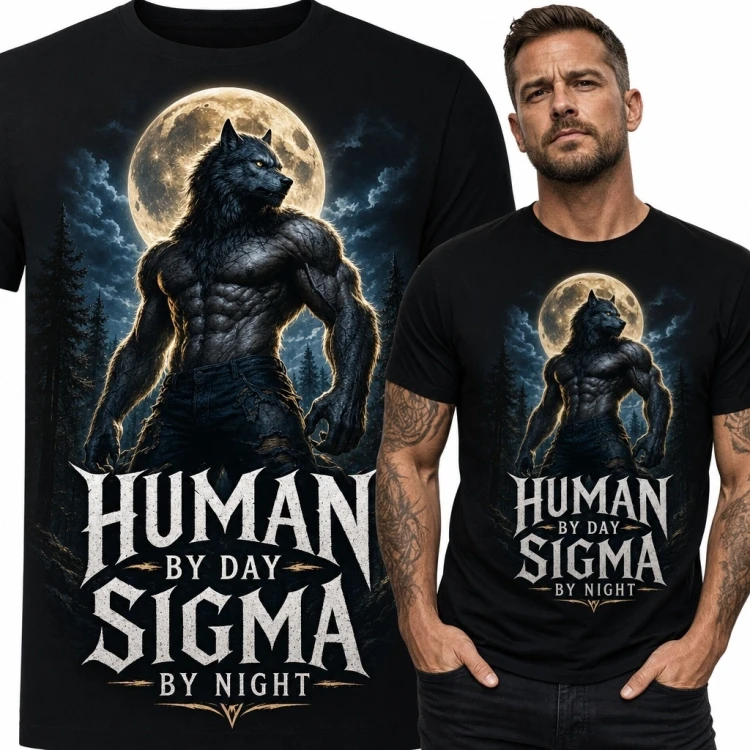 Koszulka męska z wilkołakiem „Human Sigma” - wilk pod pełnią księżyca