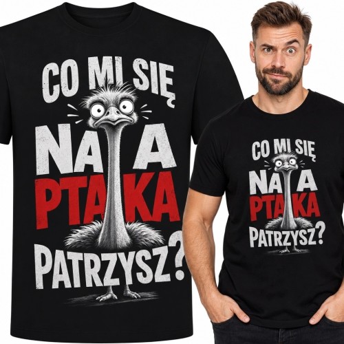 Koszulka męska ze strusiem „Co mi się na ptaka patrzysz?” - śmieszny wzór
