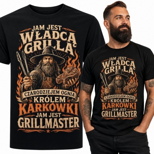 Koszulka męska z czarodziejem grilla „Jam jest władcą grilla, czarodziejem ognia, królem karkówki, grillmaster” - humorystyczny motyw fantasy