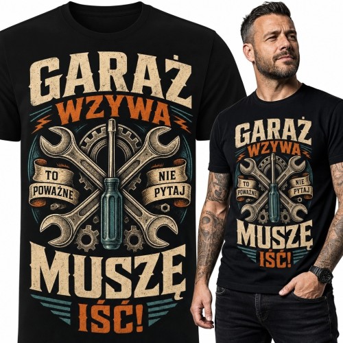 Koszulka męska dla majsterkowicza „Garaż wzywa, muszę iść!” - narzędzia retro