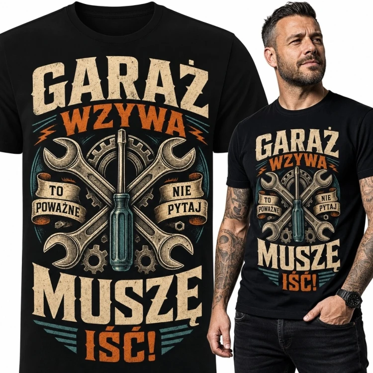 Koszulka męska dla majsterkowicza „Garaż wzywa, muszę iść!” - narzędzia retro