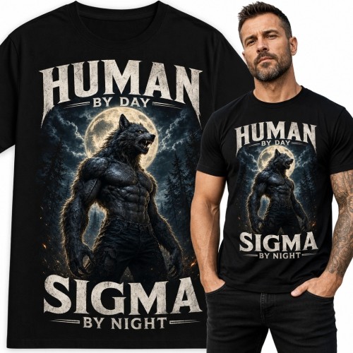 Koszulka męska z wilkołakiem „Human by day, sigma by night” - dark fantasy