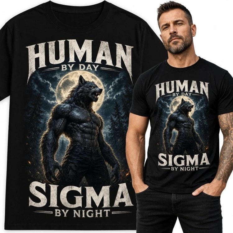 Koszulka męska z wilkołakiem „Human by day, sigma by night” - dark fantasy