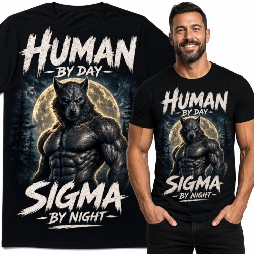 Koszulka męska z wilkołakiem „Human by day / sigma by night” - pełnia księżyca