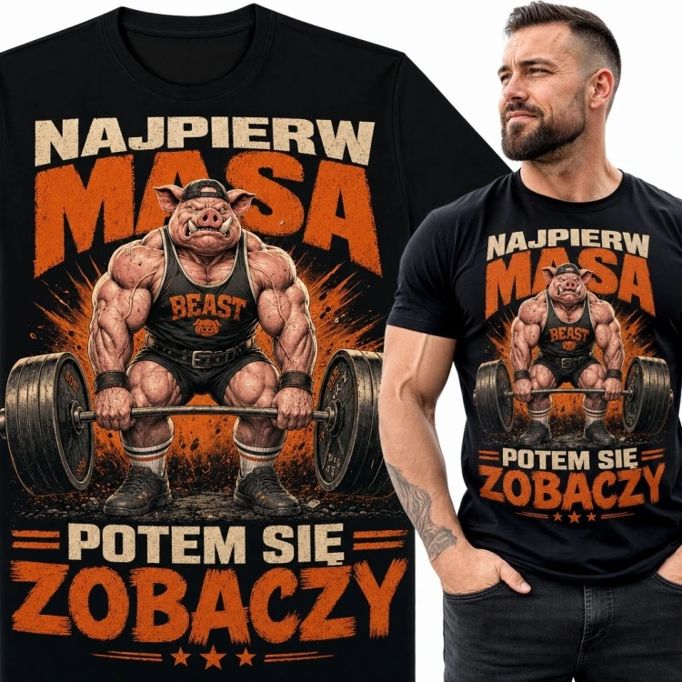 Koszulka męska na siłownię z dzikiem „Najpierw masa potem się zobaczy” - styl vintage