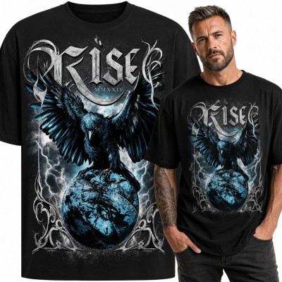 Koszulka męska z krukiem nad Ziemią i napisem „Rise” - gotycki nadruk
