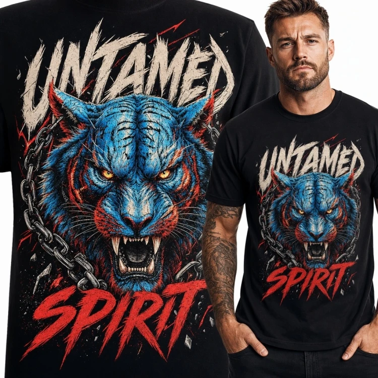 Koszulka męska z ryczącym tygrysem i łańcuchem „Untamed Spirit” - buntowniczy nadruk