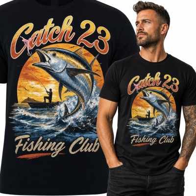 Koszulka męska dla wędkarza z marlinem „Catch 23” - morski nadruk retro