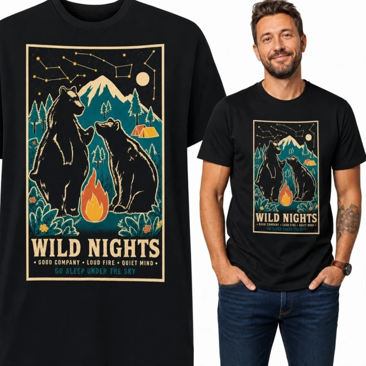 Koszulka męska z niedźwiedziami przy ognisku „Wild Nights” - camping retro