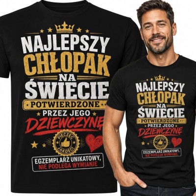 Koszulka męska „Najlepszy chłopak na świecie” - czarna z koroną i czerwonym sercem