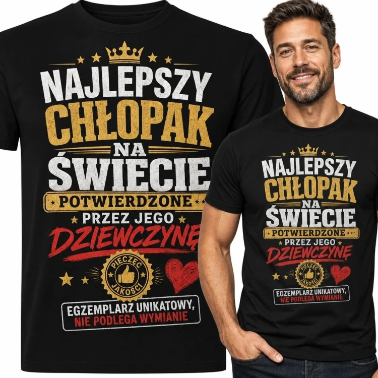 Koszulka męska „Najlepszy chłopak na świecie” - czarna z koroną i czerwonym sercem