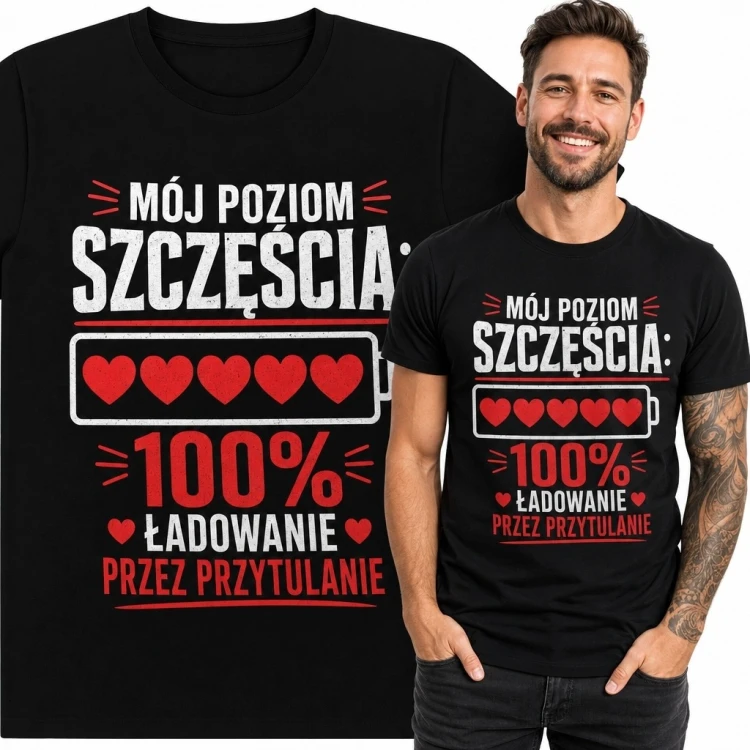 Koszulka męska z baterią serc „Mój poziom szczęścia: 100%”