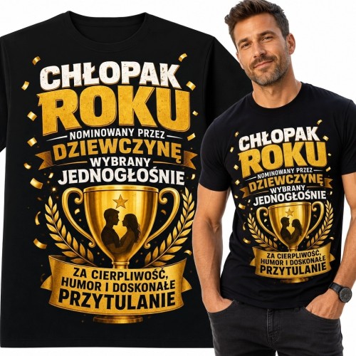 Koszulka męska „Chłopak Roku” ze złotym pucharem - prezent dla chłopaka
