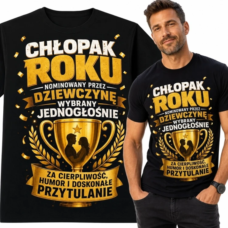 Koszulka męska „Chłopak Roku” ze złotym pucharem - prezent dla chłopaka