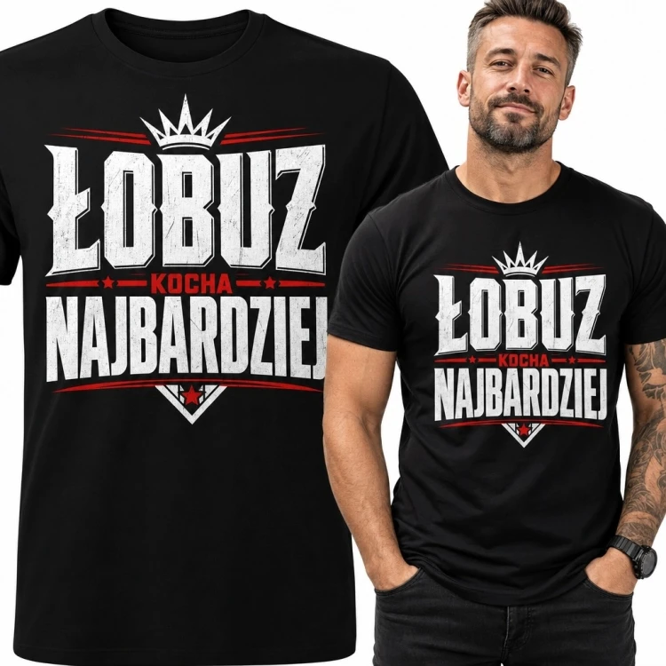 Koszulka męska z napisem „Łobuz kocha najbardziej” - korona i serce