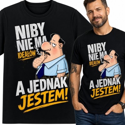 Koszulka męska „Niby nie ma ideałów a jednak jestem!” - z humorystyczną karykaturą