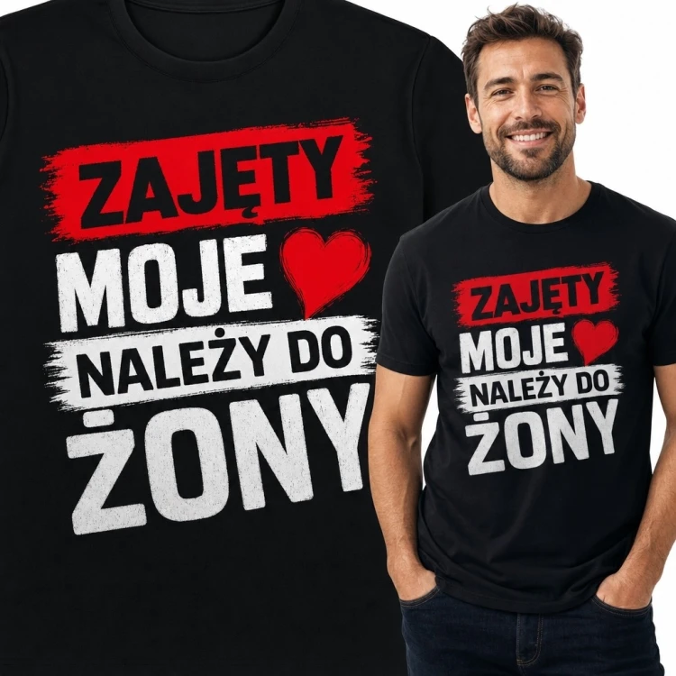 Koszulka męska dla męża „Zajęty - moje ♥ należy do żony” - miłosny nadruk