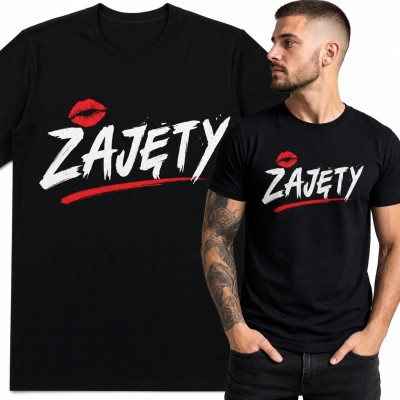 Koszulka męska z odciskiem ust i napisem „Zajęty”