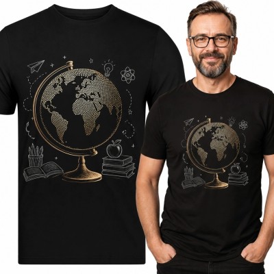 Koszulka męska z globusem, atomem i symbolami szkolnymi - wzór retro