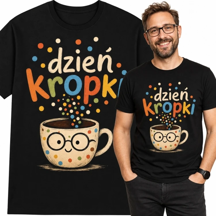 Koszulka męska na Dzień Kropki z filiżanką w okularach i napisem „Dzień kropki”