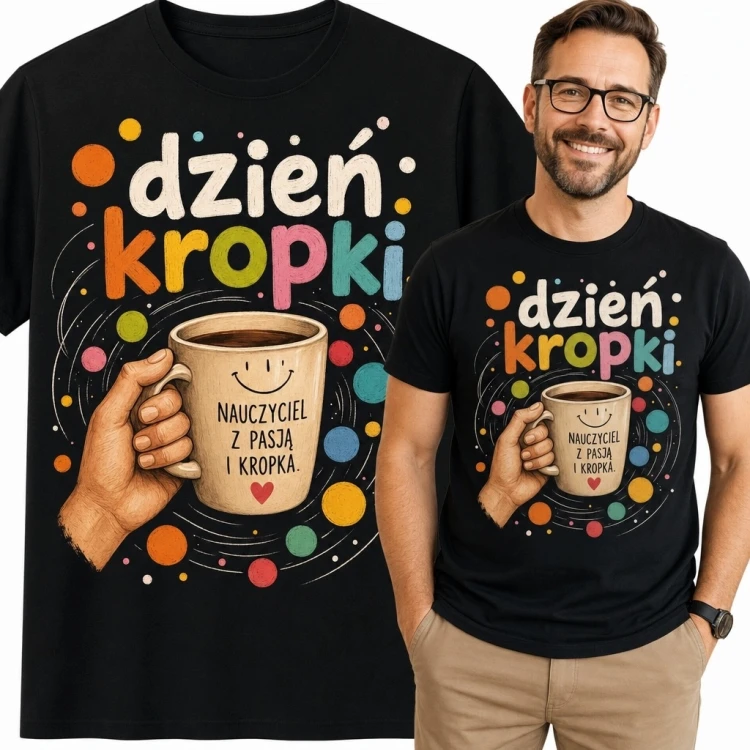 Koszulka męska dla nauczyciela na Dzień Kropki „Dzień kropki” - kolorowy motyw z kubkiem