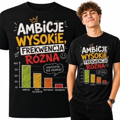 Koszulka męska dla ucznia „Ambicje wysokie, frekwencja różna” - szkolny wykres