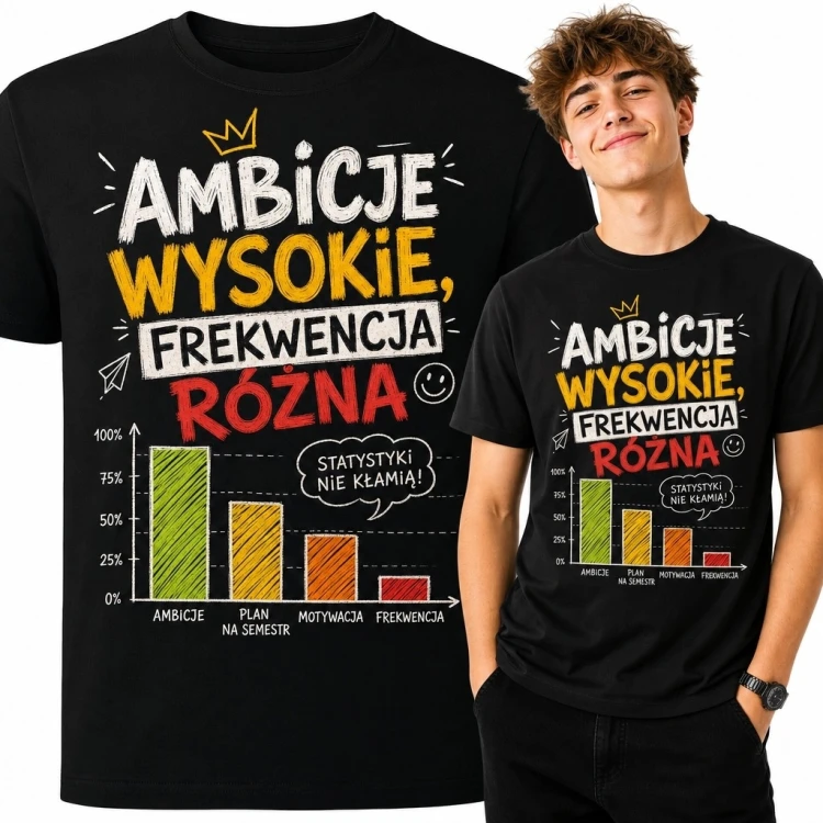 Koszulka męska dla ucznia „Ambicje wysokie, frekwencja różna” - szkolny wykres